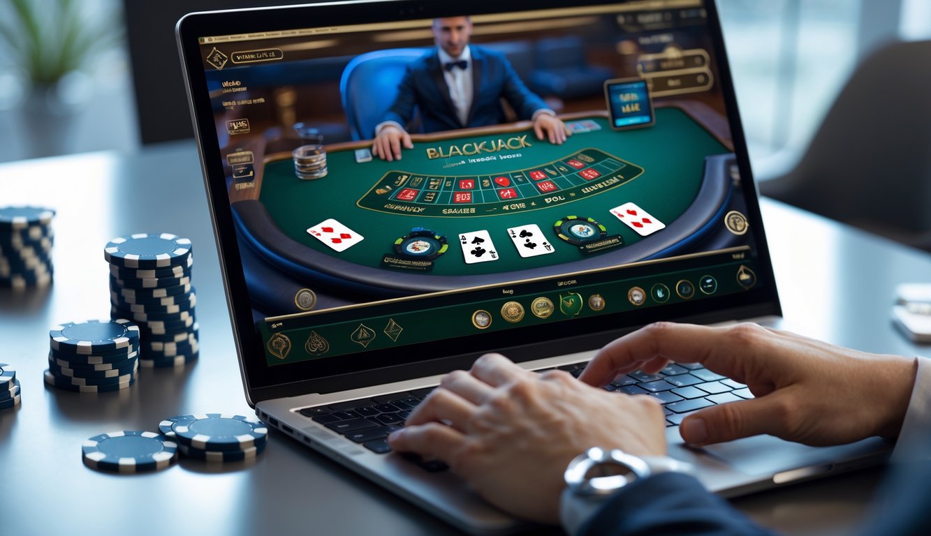 Seseorang bermain blackjack online di depan layar komputer dengan kartu dan chip poker.