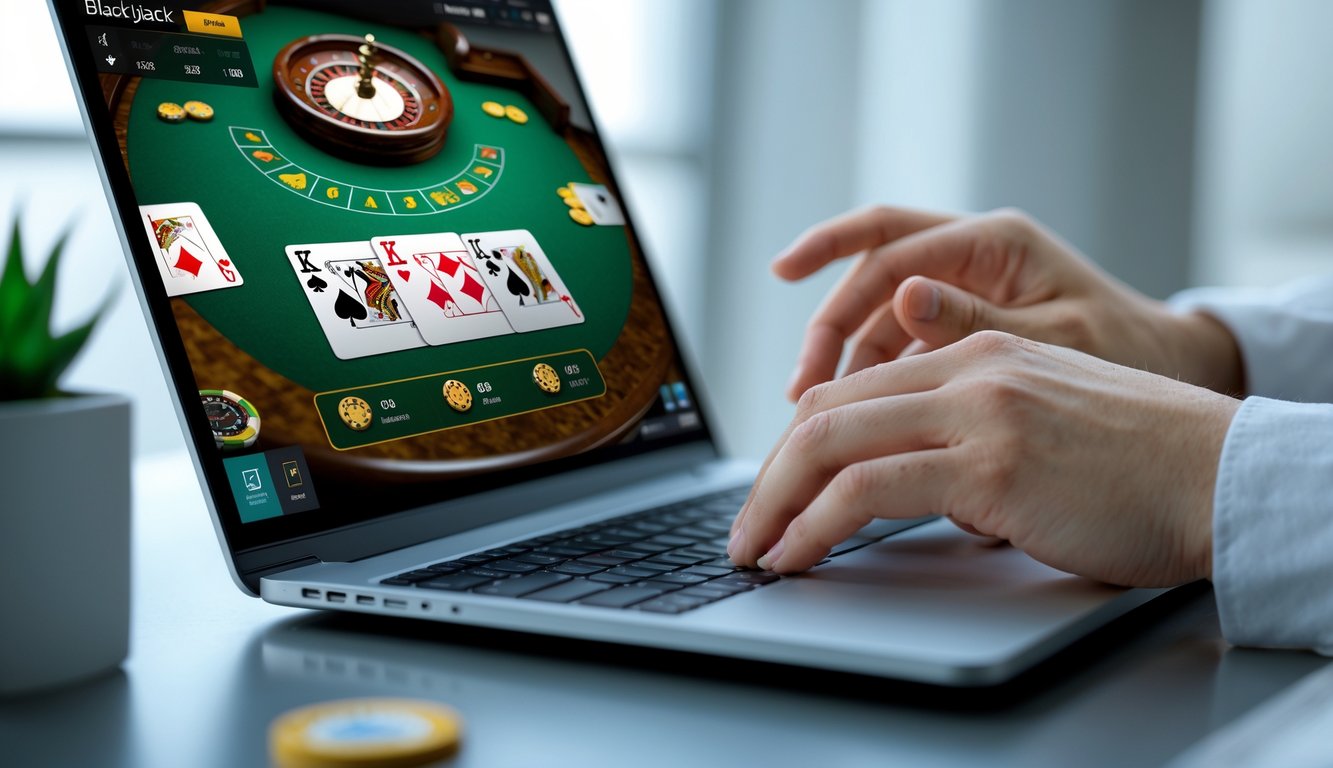 Seseorang bermain blackjack online di laptop dengan tampilan meja kartu dan chip di layar.