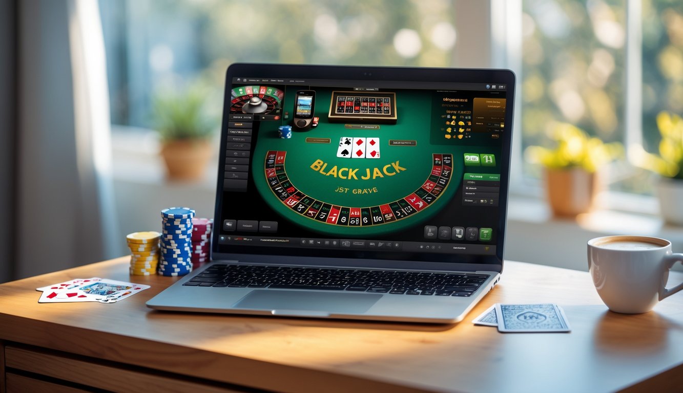 Sebuah laptop menampilkan permainan blackjack online dengan kartu dan chip poker di meja kayu yang rapi.