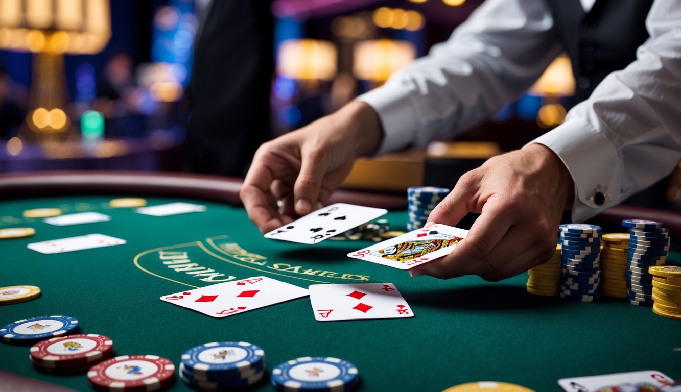 Meja blackjack di kasino dengan kartu dan chip tertata rapi, dealer sedang membagikan kartu, suasana terlihat aman dan profesional.