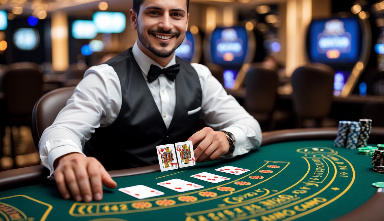 Seorang dealer blackjack duduk di meja hijau dengan kartu dan chip, tersenyum dan mengajak pemain bermain.