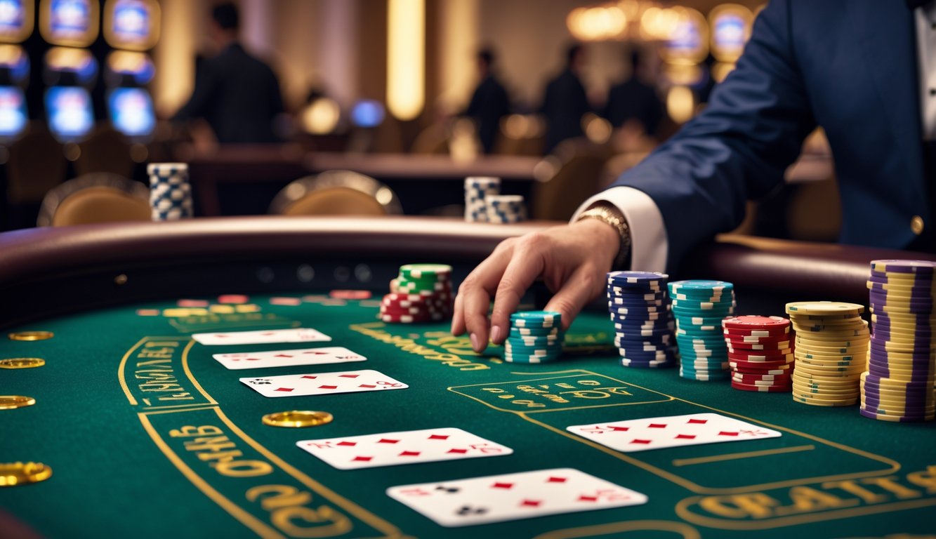 Meja blackjack mewah dengan kartu dan chip tertata rapi di kasino yang terang dan elegan.