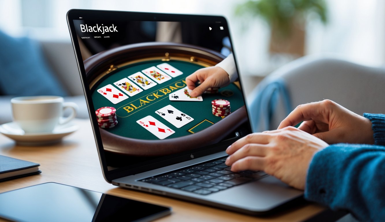 Seseorang bermain blackjack online di perangkat digital dengan kartu dan chip terlihat jelas.