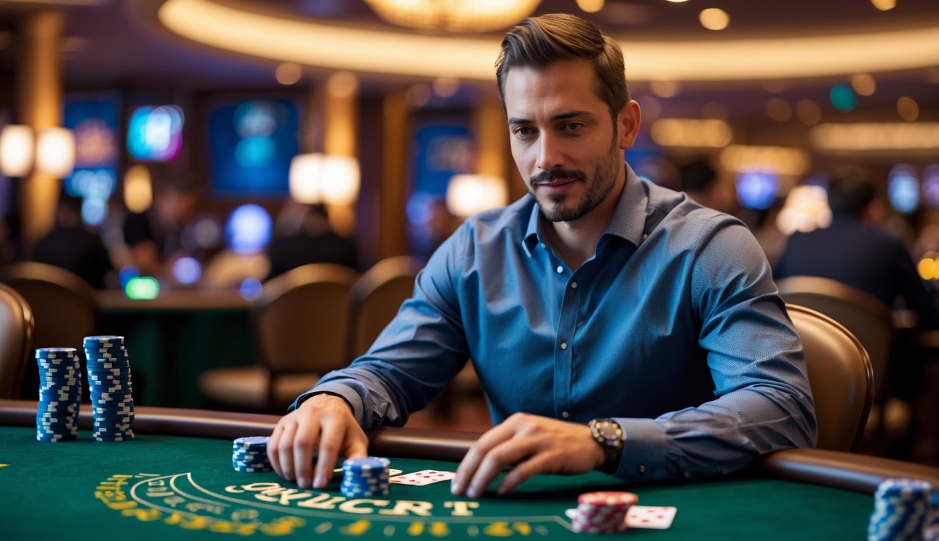 Seorang pria fokus bermain blackjack di meja kasino dengan tumpukan chip di depannya.