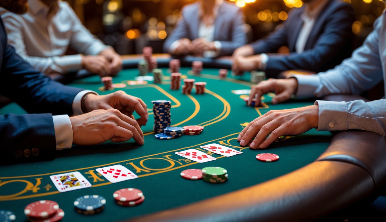 Meja poker dengan chip dan kartu di kasino, beberapa tangan pemain sedang bermain.