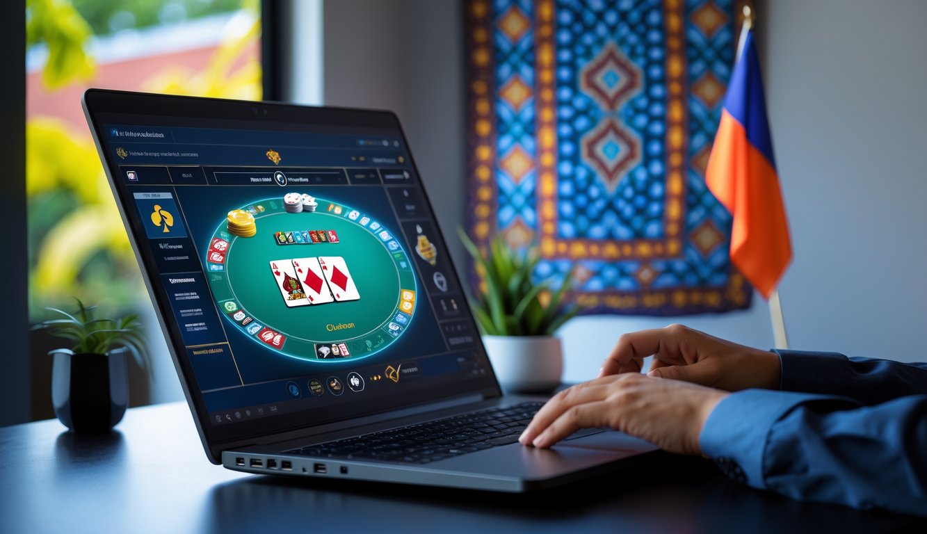 Seorang pemain sedang menggunakan laptop untuk bermain poker online dengan latar belakang elemen budaya Indonesia.