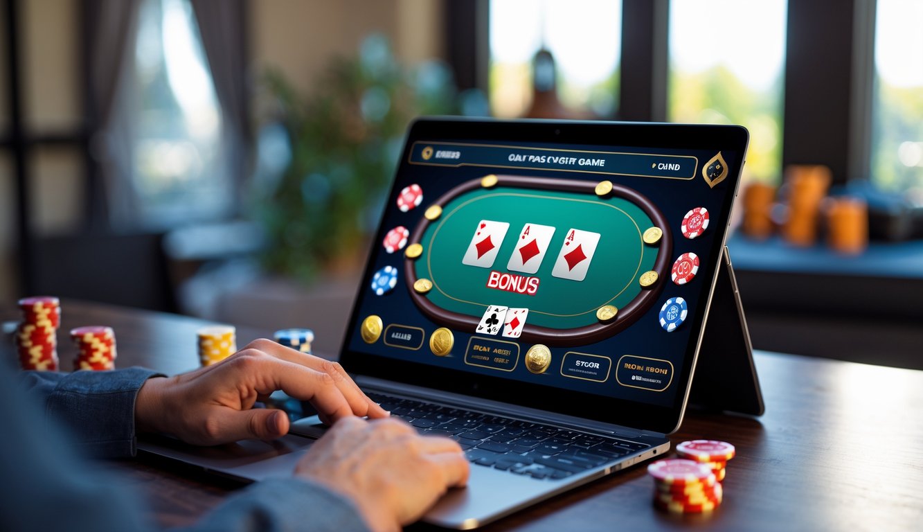 Sebuah perangkat digital menampilkan permainan poker online dengan chip dan kartu poker di layar.