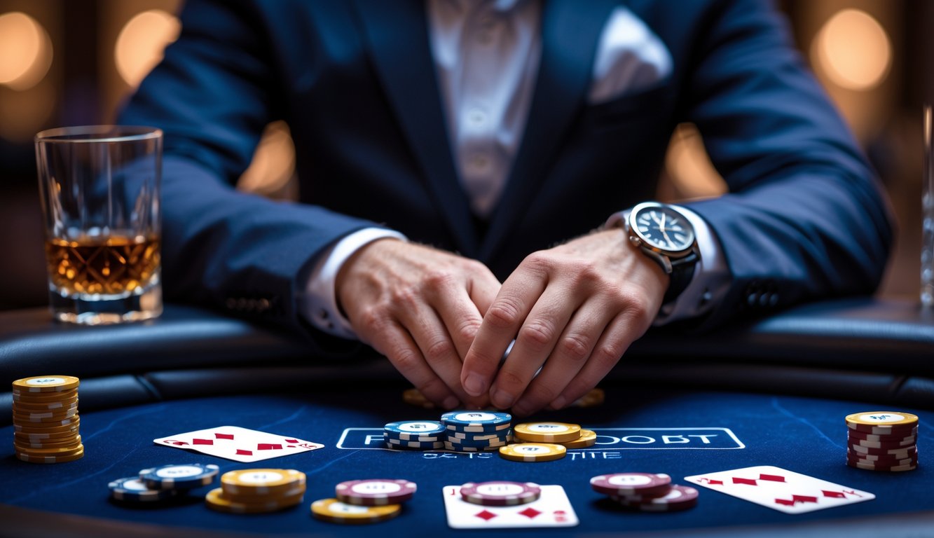 Seorang pria berpakaian rapi duduk di meja poker dengan chip dan kartu bermain tertata rapi di depan, di dalam ruangan yang tampak seperti kasino mewah.