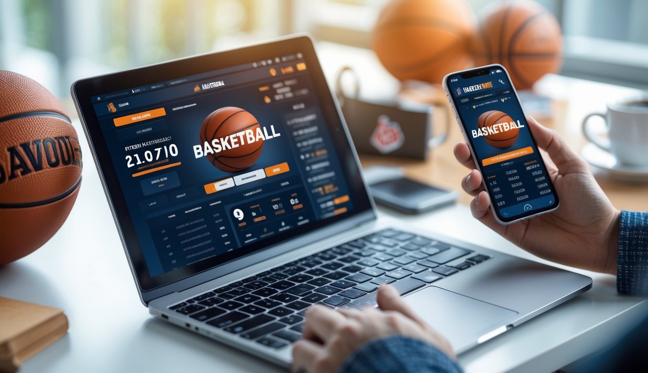 Seorang pria duduk di meja dengan laptop dan ponsel yang menampilkan aplikasi taruhan basket, di meja ada bola basket dan cangkir kopi.