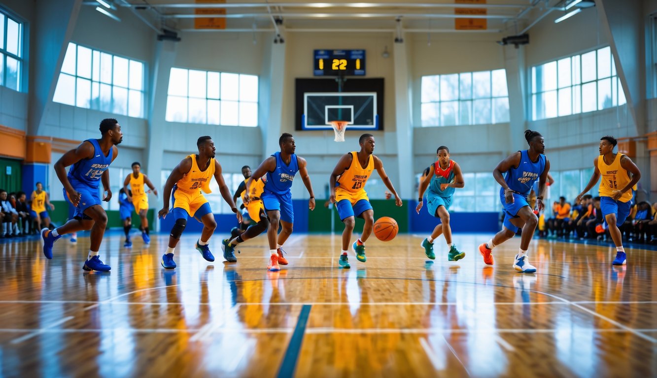 Beberapa atlet bermain basket di lapangan dalam ruangan dengan pencahayaan terang dan penonton di latar belakang.