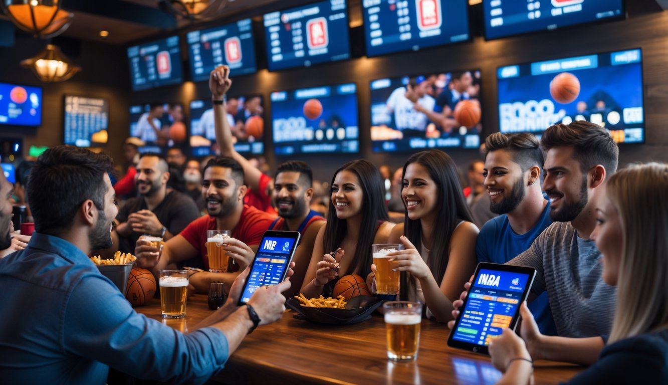 Orang-orang di bar olahraga menonton pertandingan basket NBA sambil menggunakan ponsel untuk memasang taruhan.