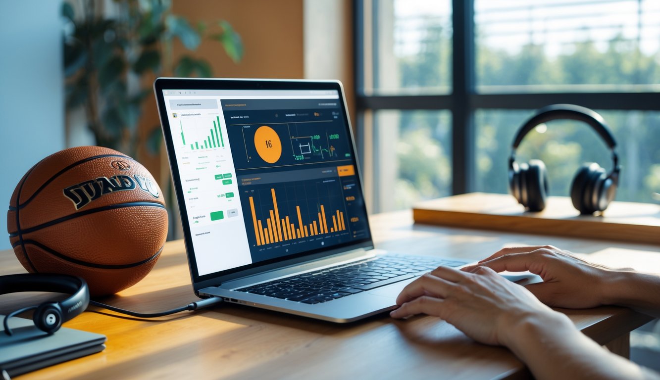 Meja kerja dengan laptop yang menampilkan statistik bola basket, bola basket di samping, dan tangan seseorang sedang mengetik.