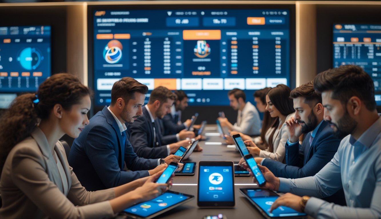 Orang-orang sedang memasang taruhan bola basket menggunakan perangkat digital di ruangan modern dengan layar besar menampilkan statistik pertandingan.