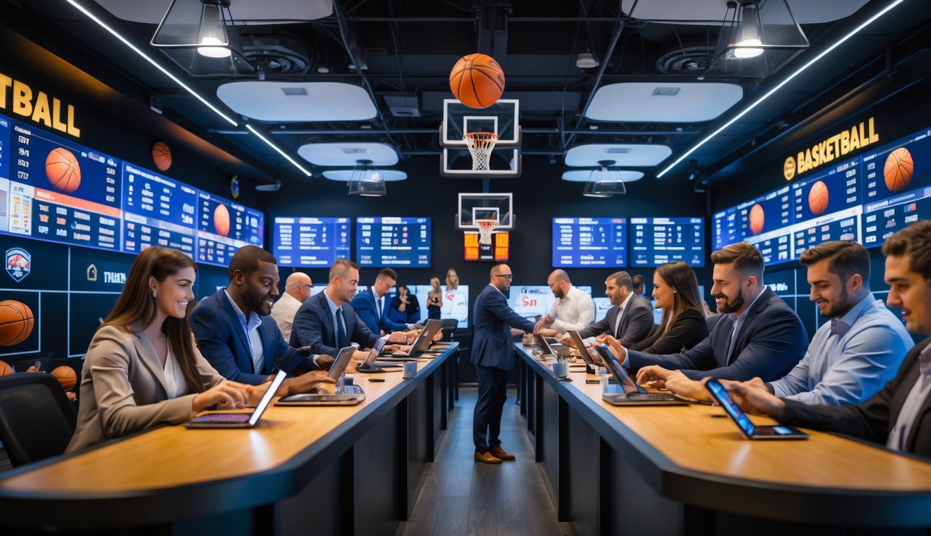 Orang-orang di dalam agen taruhan yang sedang memasang taruhan pada pertandingan bola basket dengan layar besar menampilkan pertandingan secara langsung.