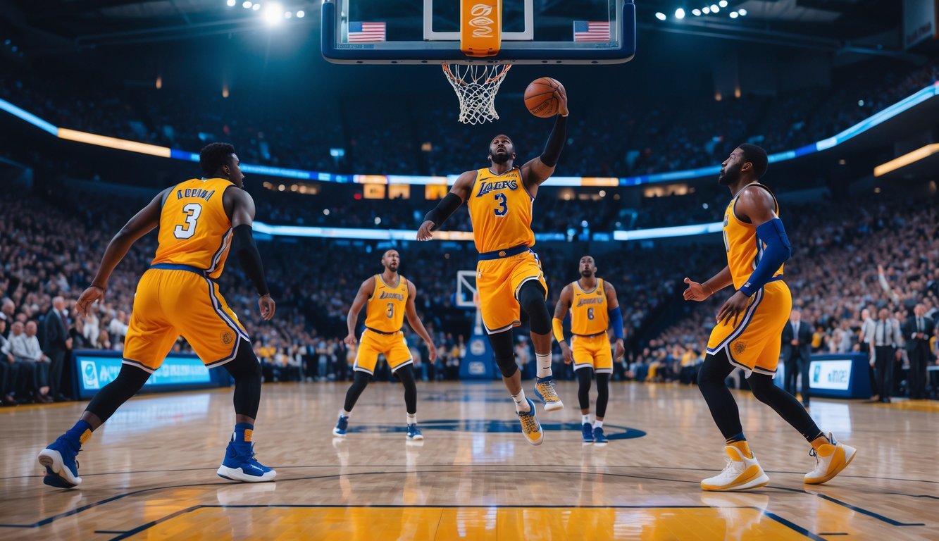 Seorang pemain basket melompat untuk memasukkan bola ke ring di lapangan dalam ruangan dengan penonton yang bersorak di latar belakang.