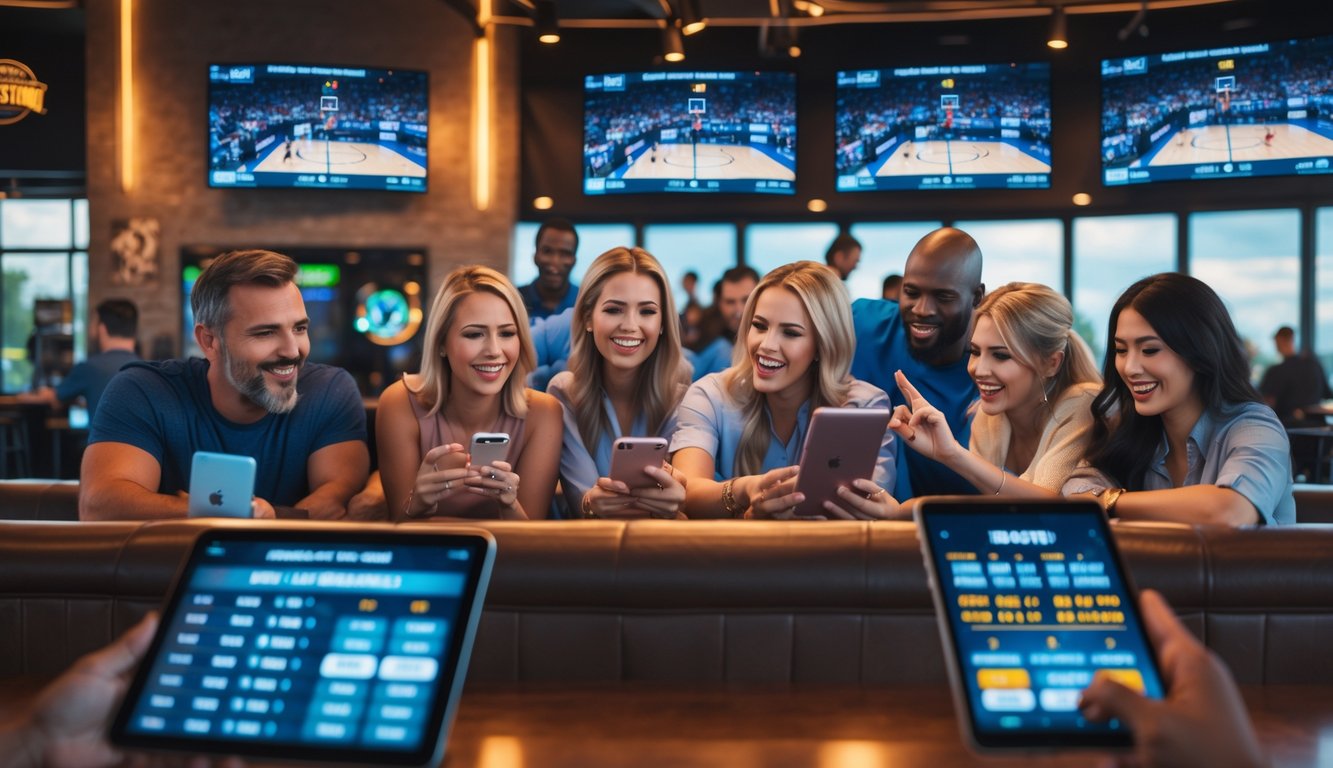 Sekelompok orang menonton pertandingan basket langsung di sebuah bar modern sambil menggunakan perangkat digital untuk taruhan.