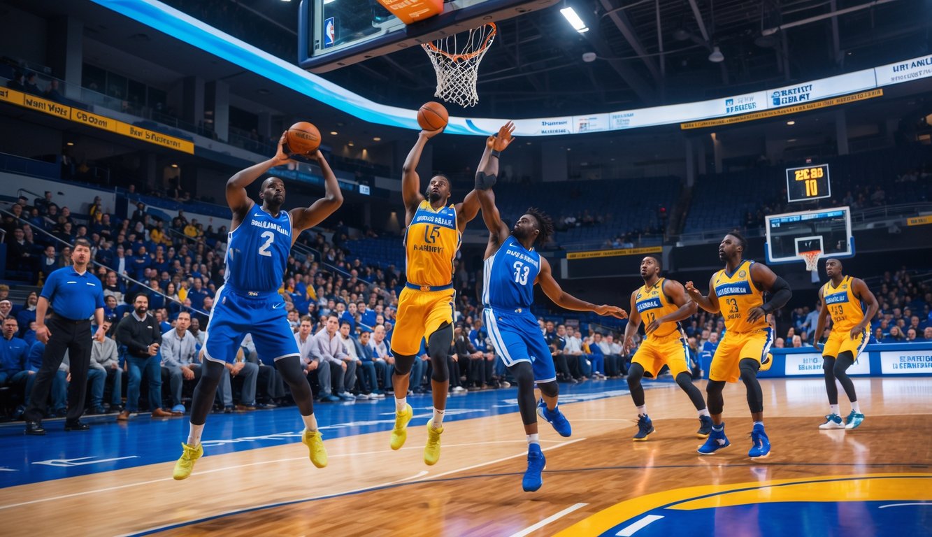 Pertandingan bola basket yang intens di dalam gedung dengan pemain yang sedang melompat untuk memasukkan bola ke keranjang dan penonton yang antusias.