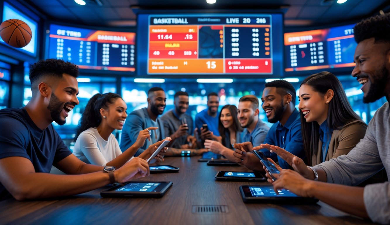 Sekelompok orang muda sedang memasang taruhan bola basket menggunakan perangkat elektronik di sebuah bar olahraga dengan layar besar menampilkan statistik dan skor pertandingan.