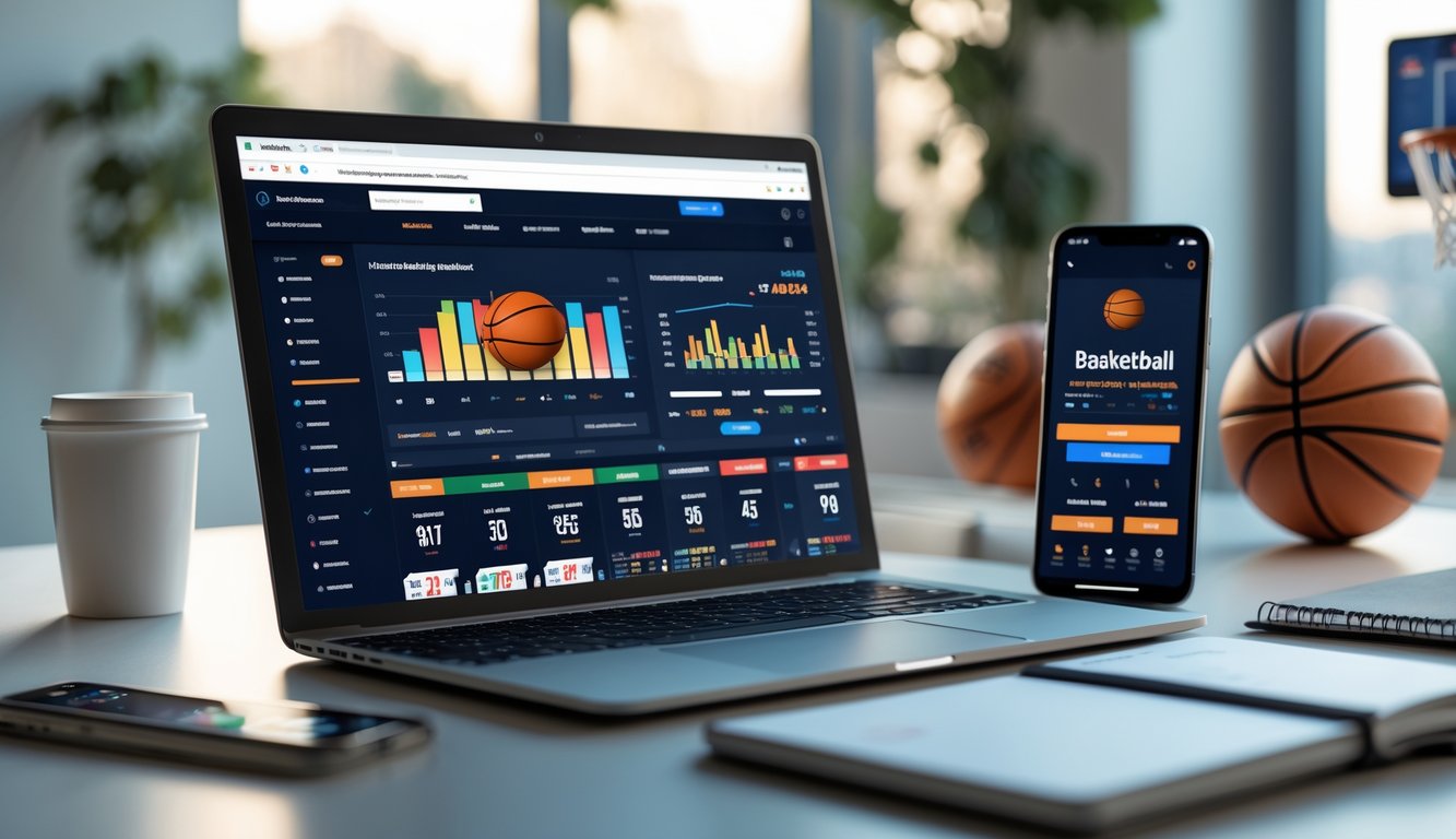 Seorang pengguna sedang melihat situs taruhan basket online di laptop dan ponsel di meja kerja yang rapi.