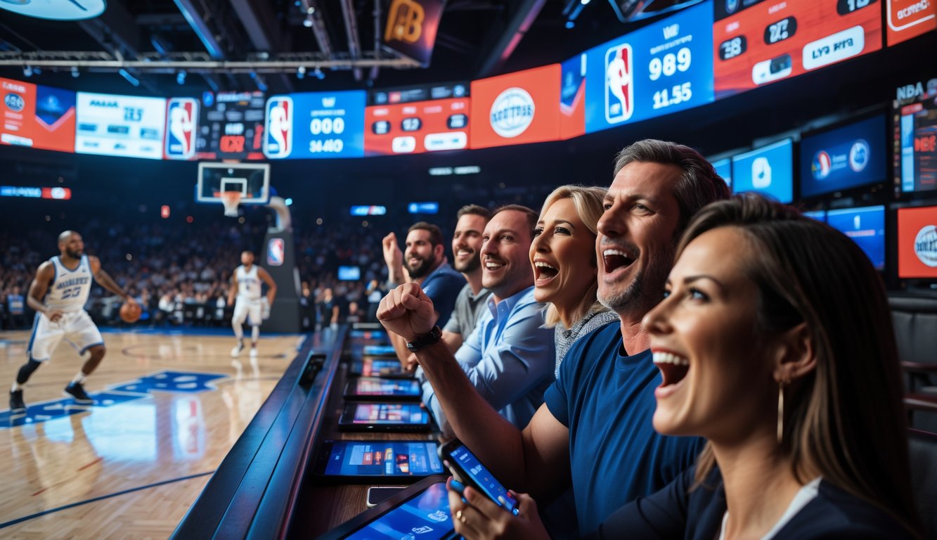 Orang-orang menonton pertandingan basket NBA di sebuah bar olahraga dengan layar besar, beberapa menggunakan perangkat digital untuk taruhan.