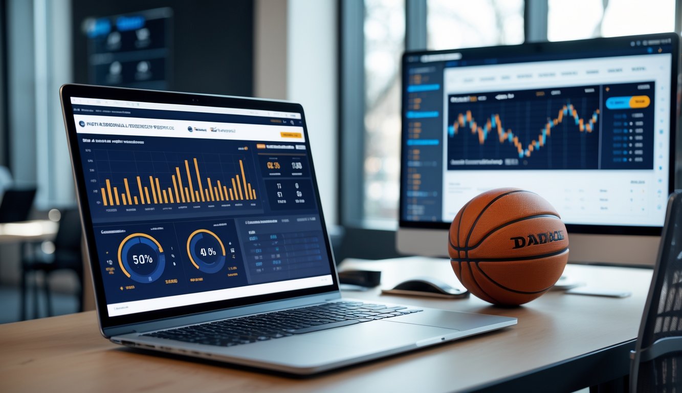 Seorang profesional sedang menganalisis data prediksi basket secara online dengan laptop di meja kerja dan bola basket di sampingnya.