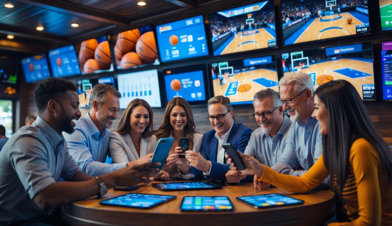 Sekelompok orang menonton pertandingan bola basket di bar dengan beberapa layar besar dan menggunakan perangkat untuk memasang taruhan.