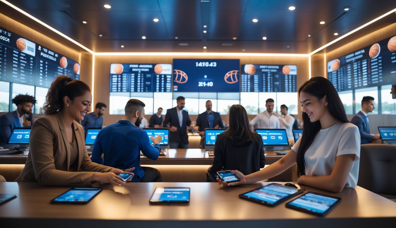 Orang-orang sedang memasang taruhan pada pertandingan bola basket di sebuah agen taruhan dengan layar besar menampilkan pertandingan secara langsung.