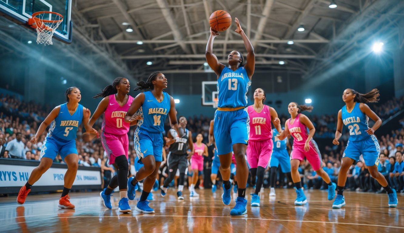 Sejumlah pemain basket sedang beraksi di lapangan dalam pertandingan yang sengit.