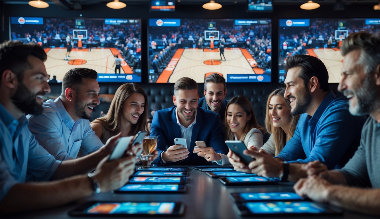 Sekelompok orang menonton pertandingan basket langsung di bar olahraga sambil menggunakan ponsel untuk memasang taruhan.