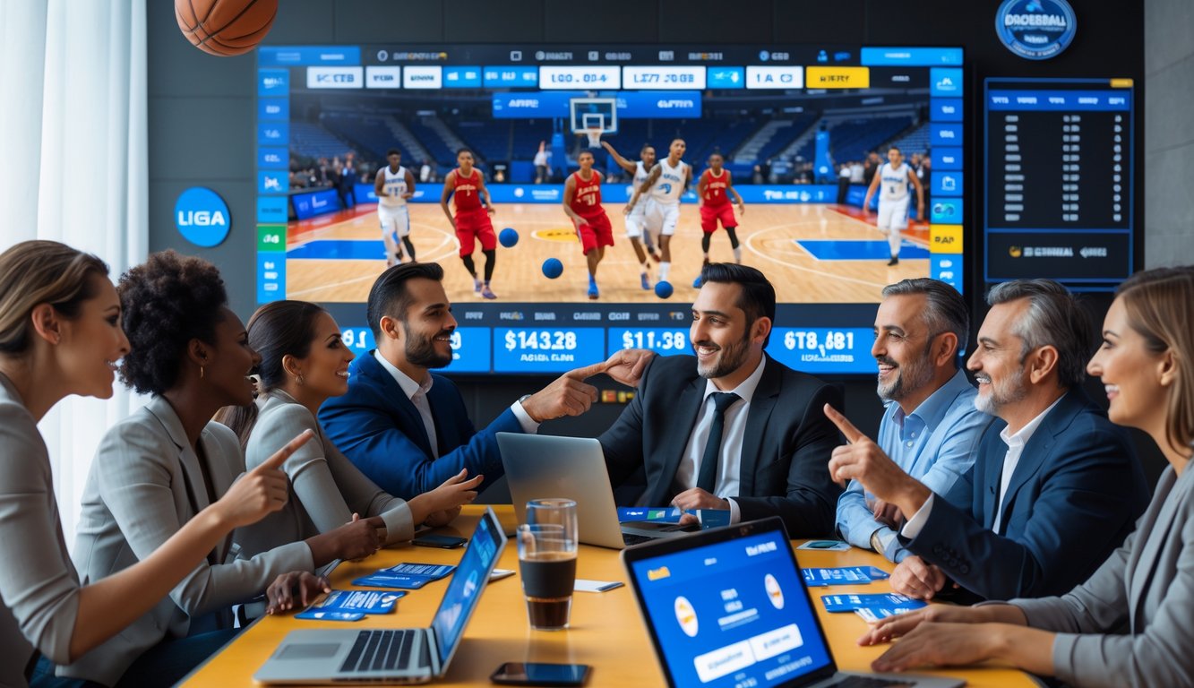 Sekelompok orang sedang bertaruh pada pertandingan bola basket Liga A dengan layar digital besar menampilkan statistik dan peluang pertandingan.