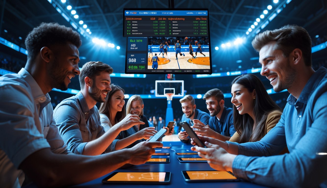 Sekelompok orang muda sedang memasang taruhan pada pertandingan bola basket yang sedang berlangsung di lingkungan modern dengan layar digital menampilkan statistik dan peluang pertandingan.