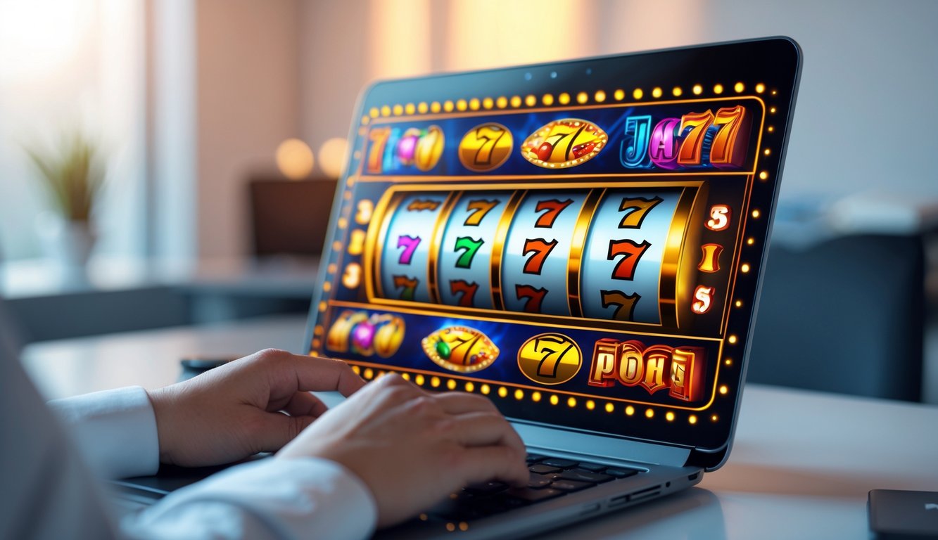 Seseorang menggunakan komputer dengan layar menampilkan permainan slot online yang berwarna-warni di lingkungan kerja yang rapi dan profesional.