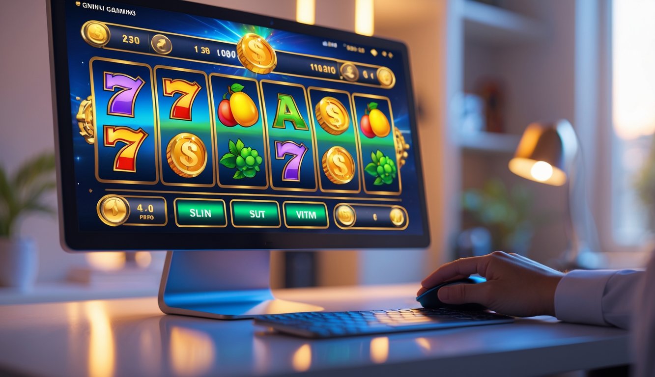 Monitor komputer menampilkan permainan slot online dengan gulungan berwarna-warni, tangan seseorang menggunakan mouse di meja yang rapi.