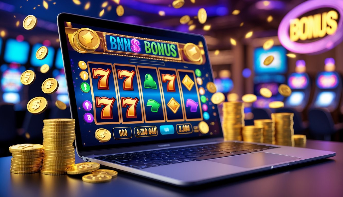 Tampilan komputer dengan permainan slot online yang berwarna-warni dan simbol kemenangan di layar, dikelilingi oleh koin virtual dan ikon jackpot.