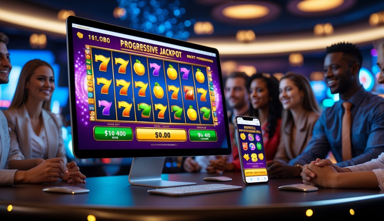 Orang-orang menonton layar komputer dan ponsel yang menampilkan permainan slot online dengan suasana kasino yang cerah dan penuh semangat.