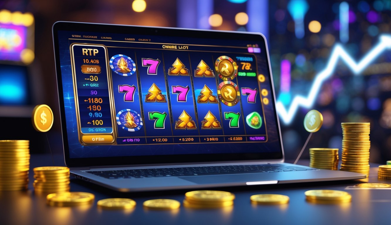 Sebuah laptop menampilkan permainan slot online dengan grafik dan koin digital di sekitarnya di dalam suasana kasino modern.