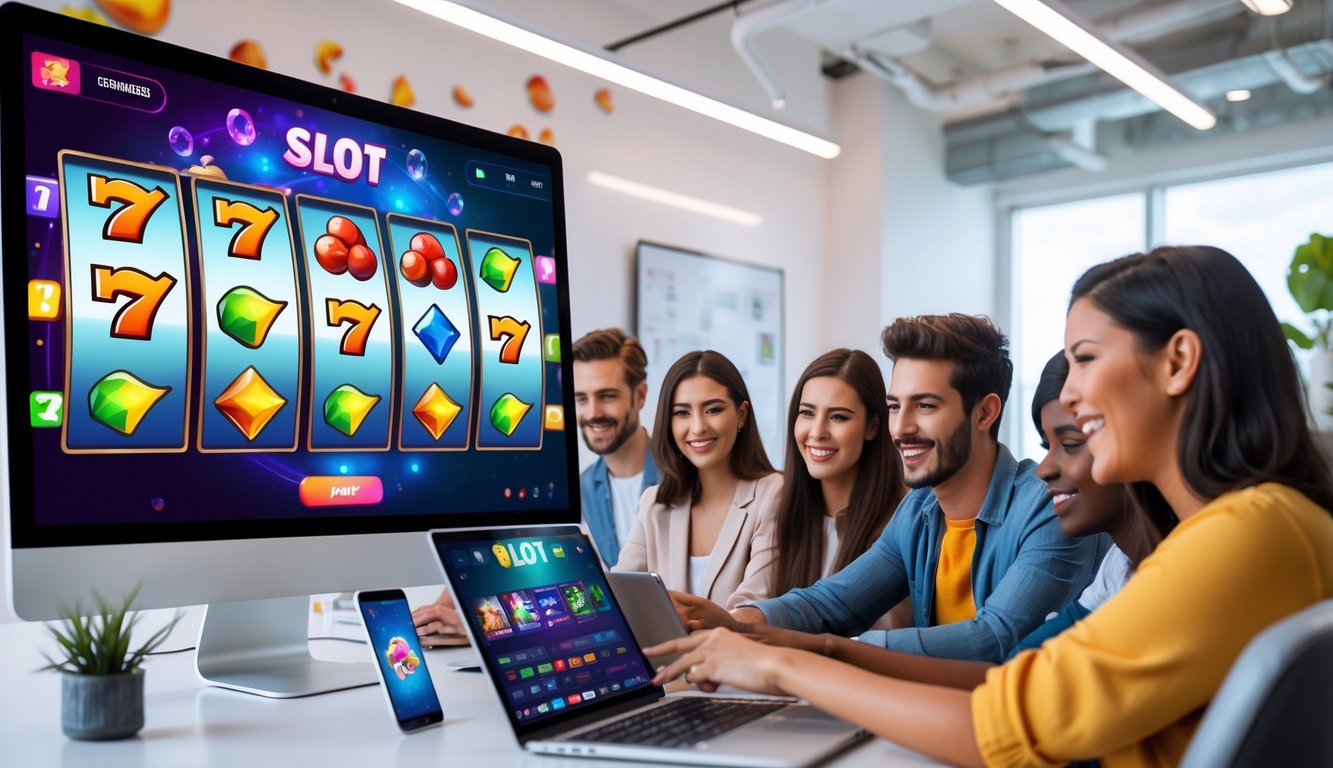 Sekelompok orang muda sedang bermain game slot online di komputer dan ponsel di ruang kantor yang terang dan modern.