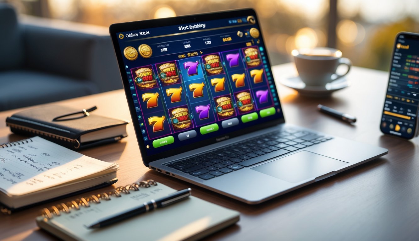 Meja kerja dengan laptop menampilkan permainan slot online, buku catatan, telepon pintar, dan secangkir kopi.