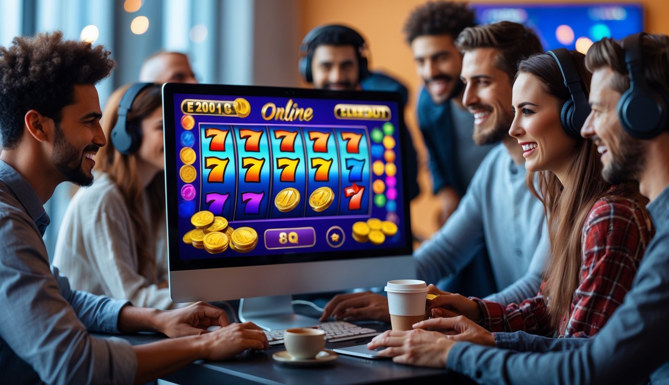 Orang-orang muda sedang bermain game slot online di komputer dan perangkat mobile di ruang kerja yang nyaman.
