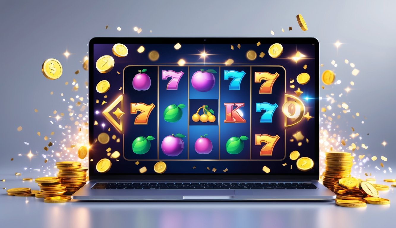 Seorang pengguna sedang bermain mesin slot online di komputer dengan koin emas dan simbol keberuntungan di layar.