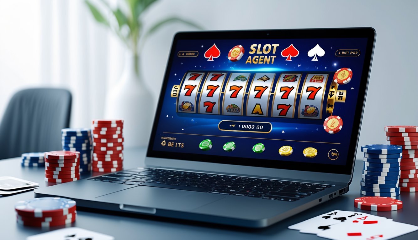 Meja kerja dengan laptop menampilkan permainan slot online, dikelilingi chip poker dan kartu remi.