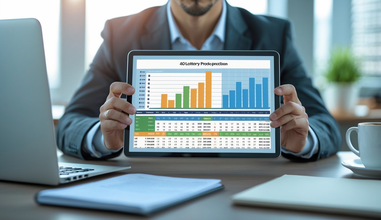 Seorang profesional sedang menganalisis grafik prediksi angka pada tablet di kantor modern.