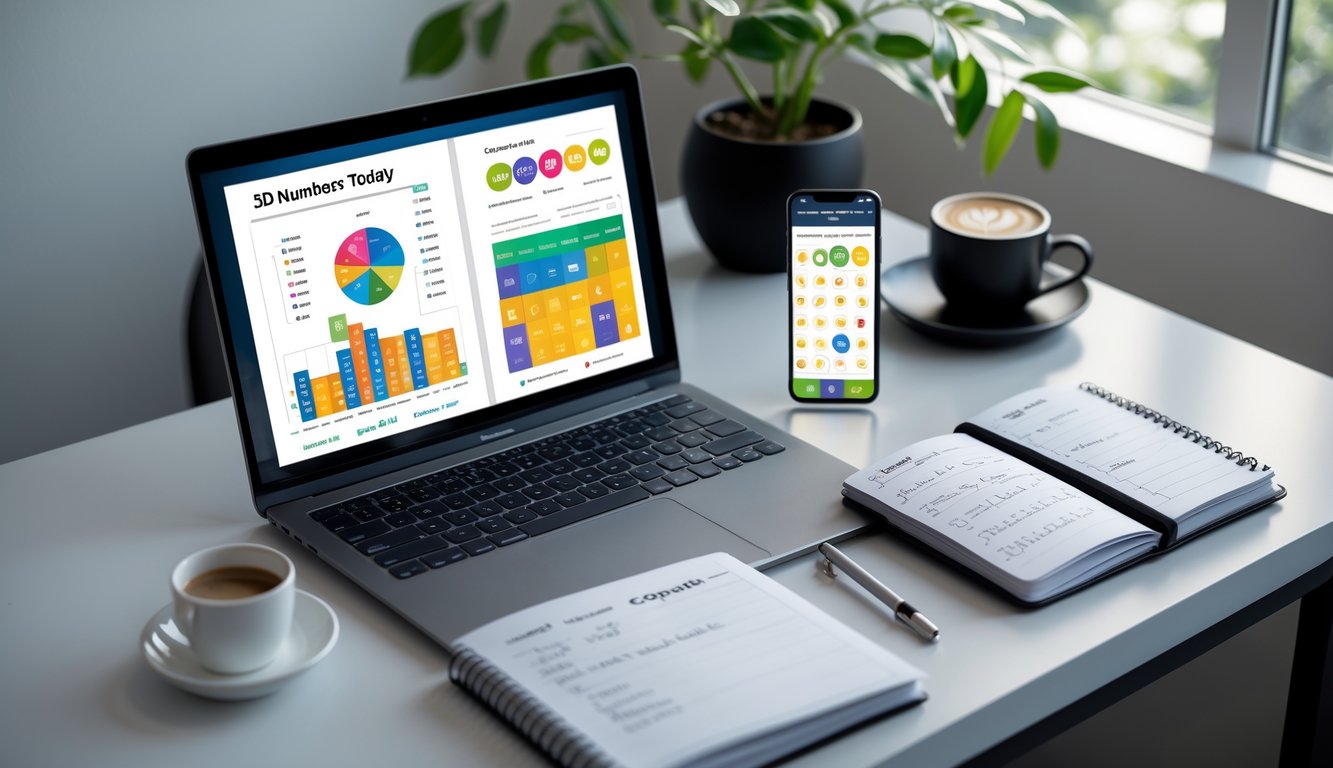 Meja kerja dengan laptop, smartphone, dan buku catatan yang menampilkan grafik dan catatan prediksi angka togel 3D hari ini.