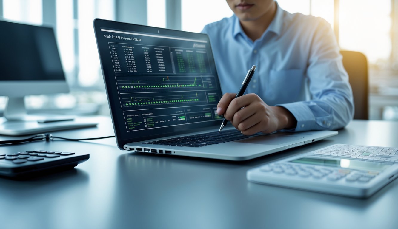 Seorang pria sedang menganalisis data angka di depan laptop dengan kalkulator di meja kerja yang rapi.