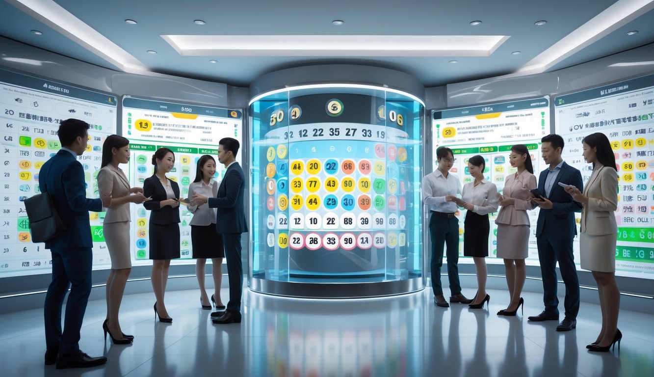 Orang-orang sedang menggunakan teknologi modern untuk bermain dan menganalisis angka togel 4D dalam ruangan yang terang dan profesional.