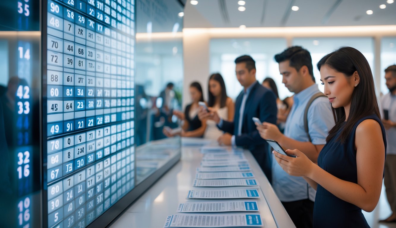 Papan hasil keluaran togel 3D dengan orang-orang memeriksa nomor menggunakan ponsel dan tiket di latar belakang.