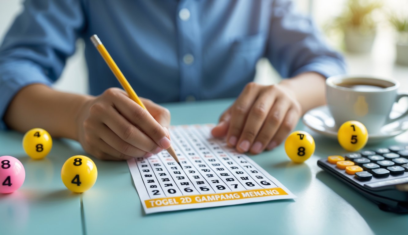 Tangan seseorang sedang mengisi tiket lotere dengan angka di meja yang rapi, dikelilingi oleh bola bernomor dan alat hitung.