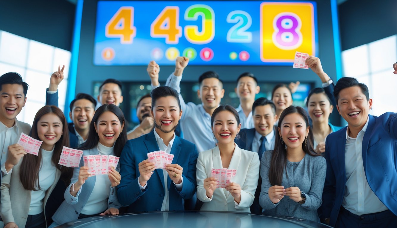 Sekelompok orang bahagia merayakan kemenangan jackpot togel 4D dengan latar belakang papan digital berwarna-warni.