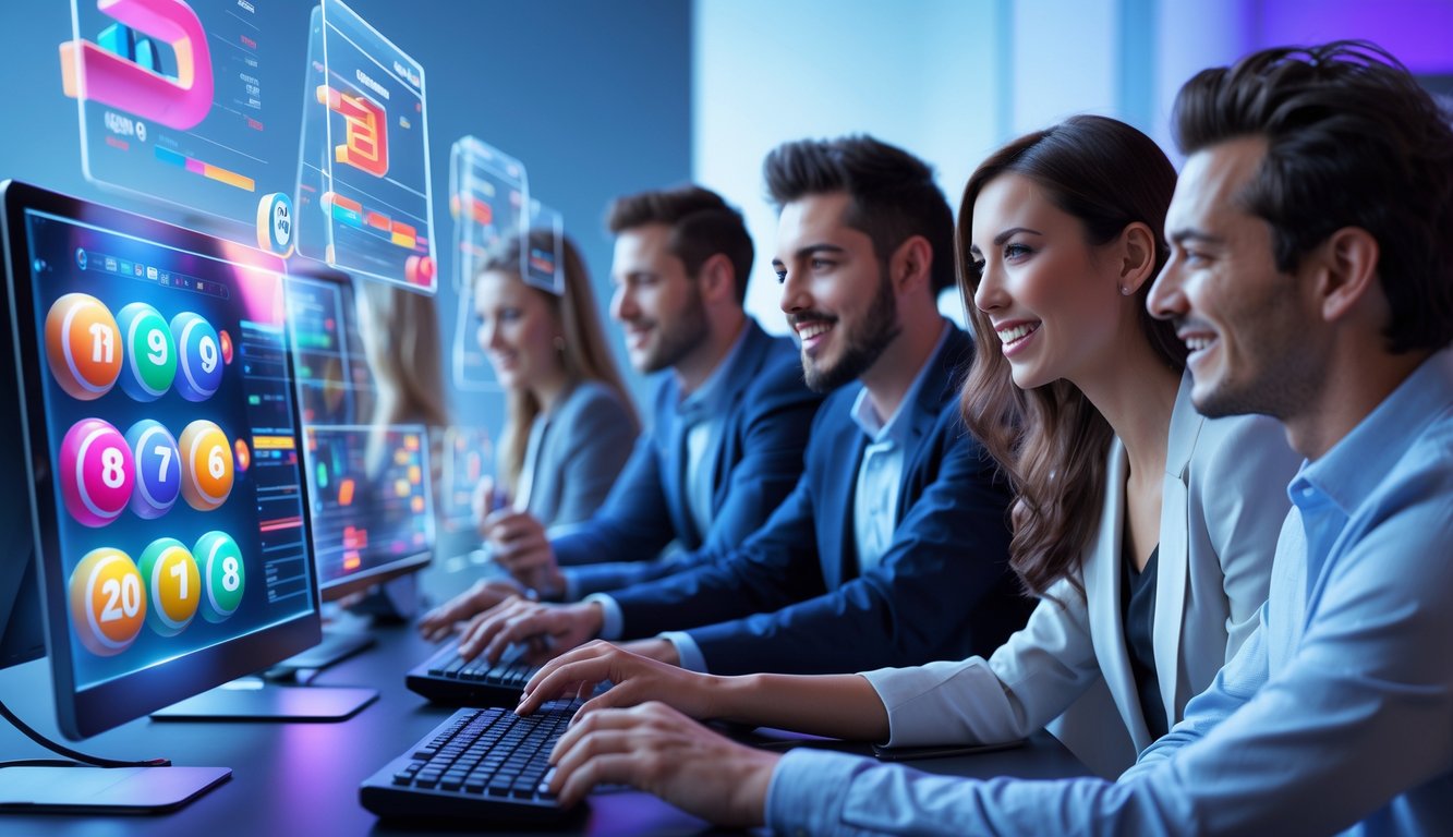 Beberapa orang muda menggunakan komputer dengan layar holografik menampilkan angka togel 3D dalam ruangan kantor modern.