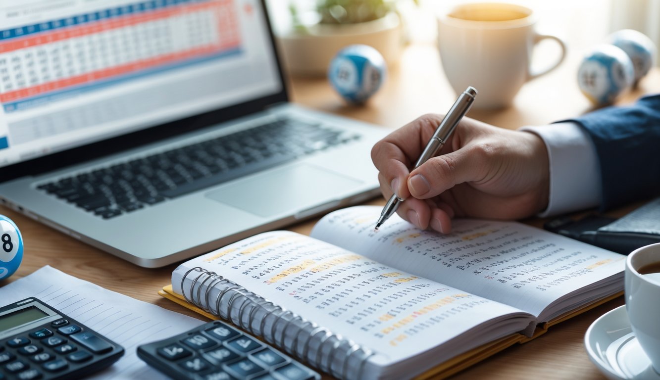 Seorang pria sedang menulis angka dan melakukan perhitungan di meja kerja dengan laptop, bola lotere, dan kalkulator di sekitarnya.